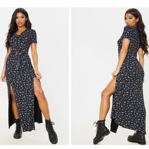 Black Ditsy Floral Split Detail Maxi Dress